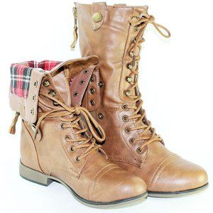 Women Foldable Combat Boots plaid stylish Lace up Low Knee High Boots Tan
